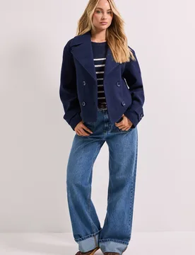 Women's Cuff Detail Wide Collared Short Coat in Navy Size: 18 - Navy - Size: 18 - Dorothy perkins - FashionsVida
