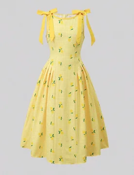 Vestido camisola con estampado de cuadros amarillos y limones, cuello cuadrado con tirantes y diseño de lazo, cintura ceñida y falda midi acampanada - Shein - FashionsVida