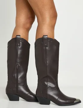 Womens Metal Toecap Detail Western Cowboy Boots - Brown - Size Uk 7 - Boohoo - FashionsVida