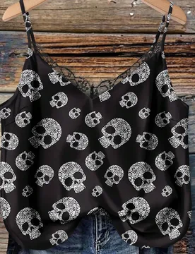 Camiseta sin mangas con estampado de calavera, talla grande, adecuada para vacaciones de verano, festivales, disfraz de Halloween, sexy, disfraz de Ha - Shein - FashionsVida