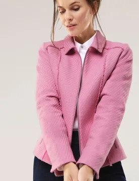 Boucleblazer mit Fransenkante, Kurzgrößen, Farbe Pink, 46, modische Fransenkante weiche Baumwolle Damen - Walbusch - FashionsVida