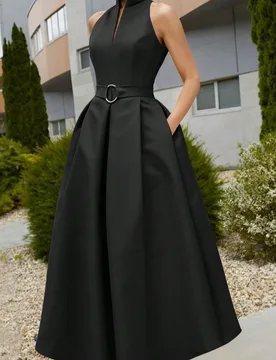 Vestido maxi romántico de unicolor con cuello alto, elegante.Vuelta al colegio,negocio negro verano M - Shein - FashionsVida