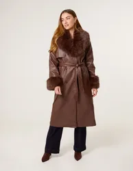 Faux Fur Cuff & Collar Coat - L / CHOCOLATE - female