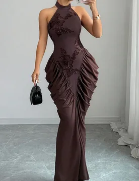 Vestido con diseño de espalda descubierta, fruncido y bordado con jacquard de malla marrón, elegante y de moda XL - Shein - FashionsVida