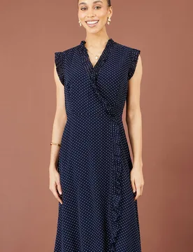 Women's Polka Dot Midi Wrap Frill Dress in Navy Size: 16 - Navy - Size: 16 - Yumi - FashionsVida