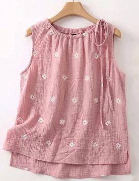 Camiseta de tirantes para mujer talla grande, nueva, de tela de algodón puro, con cuello con cordón y estampado de margaritas 0XL - Shein - FashionsVida