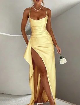 Elegante y sexy vestido de fiesta de satén sin tirantes con ribete de volantes en la cintura, vestido de dama de honor, vestido de gala formal para b - Shein - FashionsVida