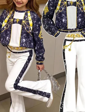 Conjunto casual diario para niña joven con sudadera de manga larga y estampado integral y pantalones de chándal acampanados 4Y - Shein - FashionsVida