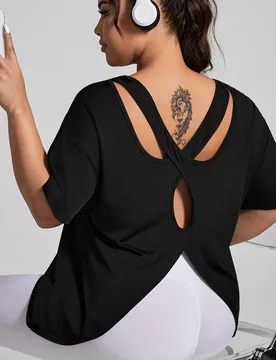 Camiseta de manga corta de unicolor y diseño sencillo para uso diario para mujer de talla grande, con abertura en la espalda media para gimnasio 2XL - Shein - FashionsVida