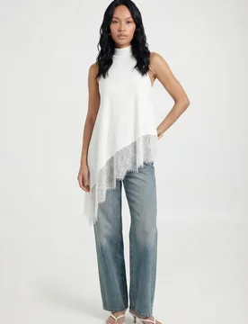 Womens Slinky High Neck Lace Asym Hem Top - Cream - Size 10 Uk - Boohoo - FashionsVida