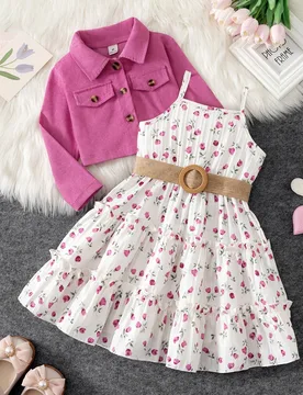 Conjunto de 2 piezas para niñas jóvenes con chaqueta de manga larga con cuello de blazer y cintura elástica, vestido camisola con estampado floral - Shein - FashionsVida