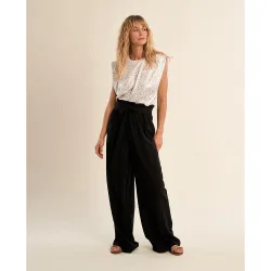 Pantalón ancho de mujer largo con lazada y pliegues