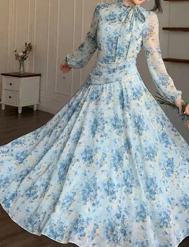 Vestido de mujer con cuello de lazo floral azul, cintura fruncida, adecuado para primavera y otoño, uso al aire libre, fiesta de té, vacaciones, bod - Shein - FashionsVida