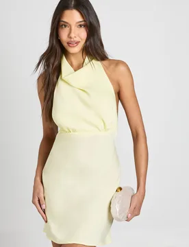 Womens Textured Satin Ruched Bust Halterneck Mini Dress - Yellow - Size 12 Uk - Boohoo - FashionsVida