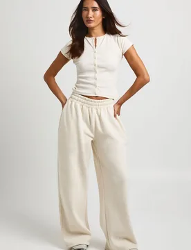 Womens Ribbed Button Through Cap Sleeve Top And Jogger Tracksuit - Ecru - Boohoo - FashionsVida