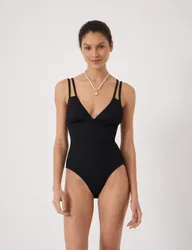 Crinkle Double Strap V-Neck Swimsuit Black female