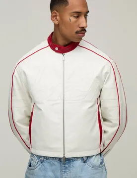 Herren Kastenförmige Motorradjacke Mit Geprägtem OFCL-Motiv White Größe Large - boohooMAN - FashionsVida