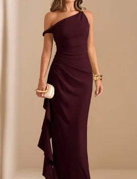 Vestido de dama de honor de otoño/invierno, vestido largo elegante con pliegues, hombros oblicuos, nudo retorcido, sin tirantes, sexy, abertura alta, - Shein - FashionsVida