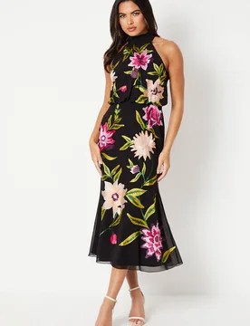 Women's High Neck Midi Dress With Floral Embroidery in Black Size: 16 - Black - Size: 16 - Coast - FashionsVida