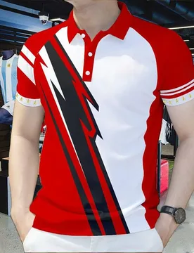 Polo Shirt for Man Red White Black Geometric Lightning Panel & Star Trim 3D Sublimation Polo Shirt for Men Classic Collar - Aliexpress - FashionsVida