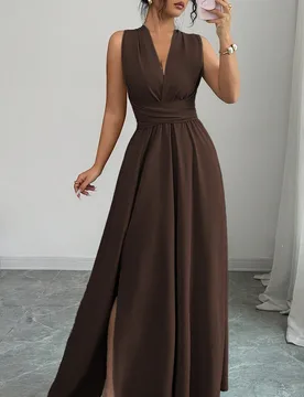 Vestido largo sin mangas para mujer de tela suave verde, cuello en V cruzado, espalda fruncida, cintura elástica con lazo, cintura ceñida, falda lí - Shein - FashionsVida