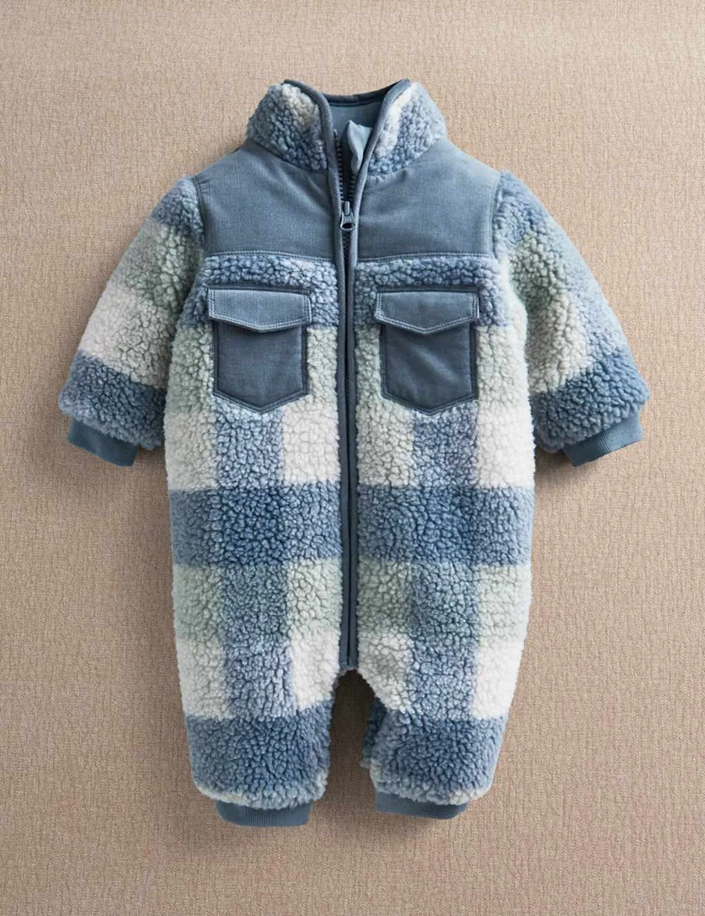 Borg Checked Padded Pramsuit (0-12 Mths) Blue male - Mamas & Papas - FashionsVida