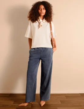 Draw String Wide Leg Denim Trousers - L / MID DENIM - female - Blue Vanilla - FashionsVida