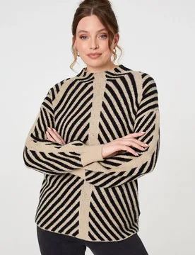 Women's Striped High Neck Drop Shoulder Jumper in Beige Size: 12 - Beige - Size: 12 - Izabel London - FashionsVida