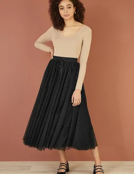 Women's Black Mesh Heart Print Tulle Skirt Size: 10 - Black - Size: 10 - Yumi - FashionsVida
