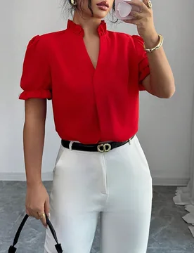 Blusa de solapa de unicolor elegante para mujer, de verano L - Shein - FashionsVida