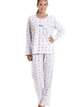 Women's Classic Jersey Cotton Ditsy Floral Print Pyjama Set in Lilac Size: 20-22 - Lilac - Size: 20-22 - Camille - FashionsVida