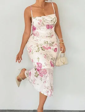 Vestido midi ajustado de sirena con estampado completo, tirantes finos y elegante minimalista, en color rosa, para una cita o té de la tarde, talla g - Shein - FashionsVida