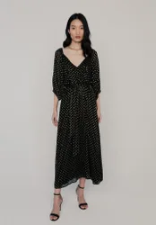 Katherine Billowy Sleeve Gold Spot Midi Dress In Black - 6