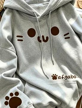 Sudadera con capucha Y2K para mujer con estampado lindo de gato, bolsillo canguro casual, estampado de pata de dibujos animados, top para estudiantes, - Shein - FashionsVida