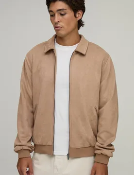 Herren Regular Kunstwildleder Harrington-Jacke Taupe Größe Small - boohooMAN - FashionsVida