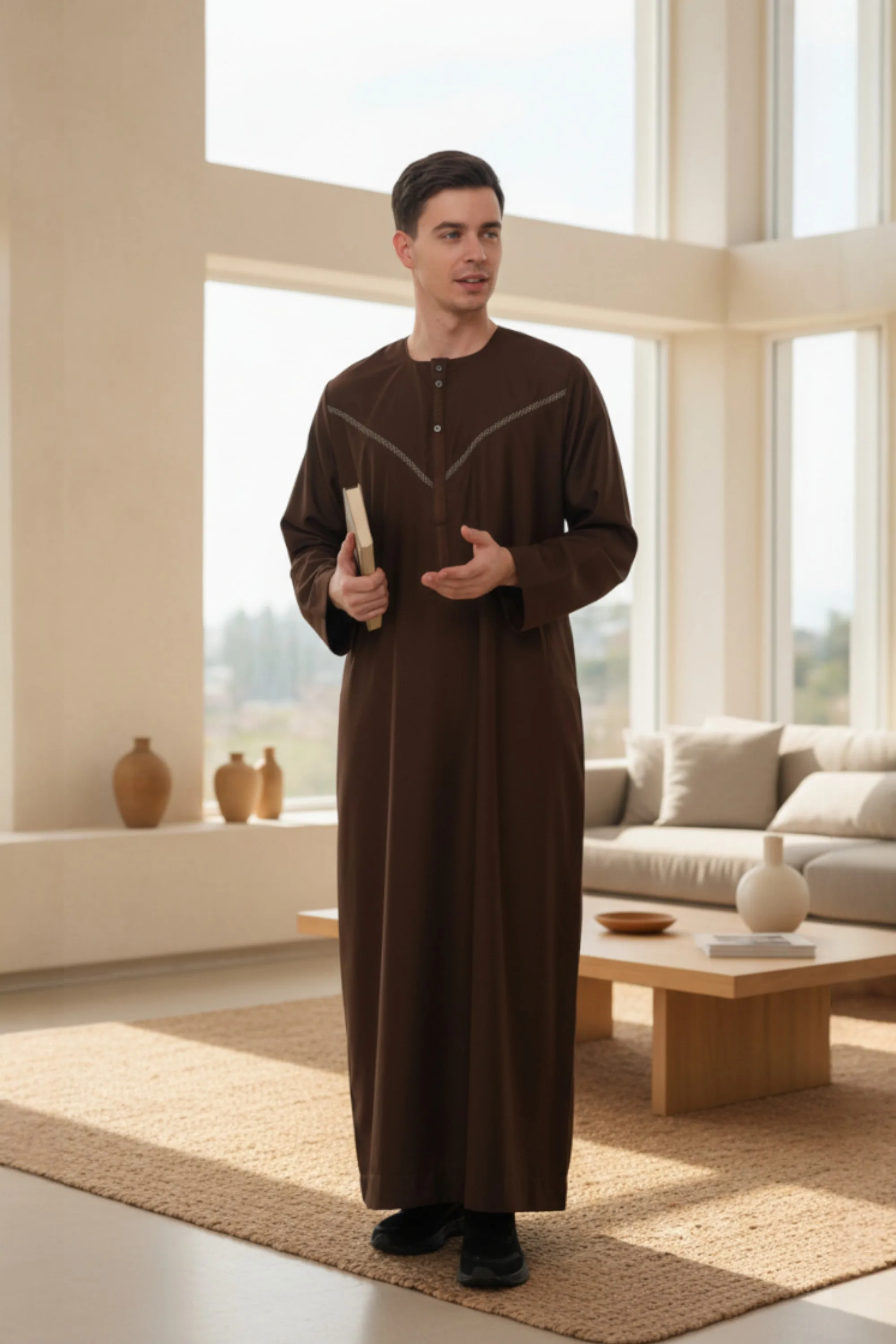 Mens Brown Eid Moroccan Thobe Robe Djellaba Ramadan Eid Jubba Lfs- Hm10 - Dark Brown - Size 54 - Thobez - FashionsVida