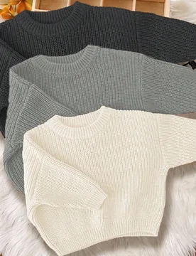 Set de 3 suéteres tejidos de cuello redondo de manga larga con ajuste holgado para niño, apropiados para otoño/invierno en colores carbón, gris me - Shein - FashionsVida