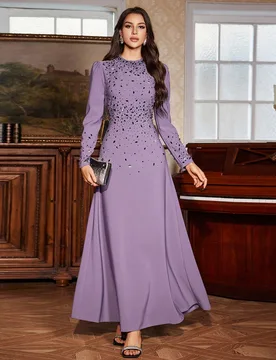 Vestido largo ajustado de color morado uva con borde de paraguas, cuello alto, detalles pesados con cuentas, sofisticado y elegante S - Shein - FashionsVida