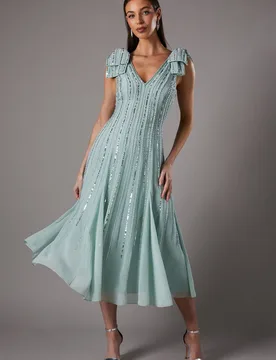 Women's Bow Shoulder Embellished Midi Dress in Sage Size: 18 - Sage - Size: 18 - Coast - FashionsVida