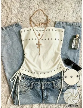 Top tubo para mujer, estilo minimalista americano sexy con tachuelas de metal pesado, cordón lateral, para salir de noche, cita nocturna, color blanc - Shein - FashionsVida