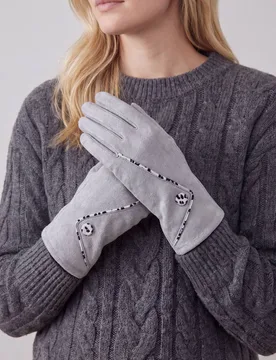 Women’s Faux Suede Animal Print Trim Button Gloves in Grey - Grey - Size: One Size - Vellin - FashionsVida