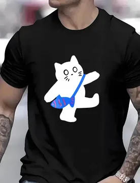 Playful Cartoon Cat Print Men Women T-shirt A Cat Carrying a Fish Bag Pattern Unisex Tee Loose Casual Hip-hop Harajuku Clothing - Aliexpress - FashionsVida
