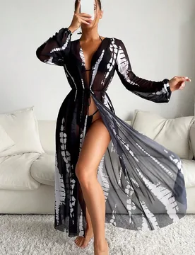 Kimono de malla con cintura de cordón y estampado tie-dye para el verano XL - Shein - FashionsVida
