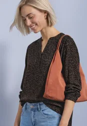 Langarm Bluse mit Split Neck und Print female Braun