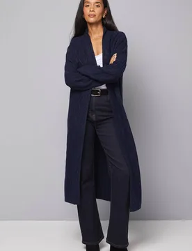 Women's Longline Maxi Cable Cardigan Sweater in Navy Size: XL - Navy - Size: XL - Wallis - FashionsVida