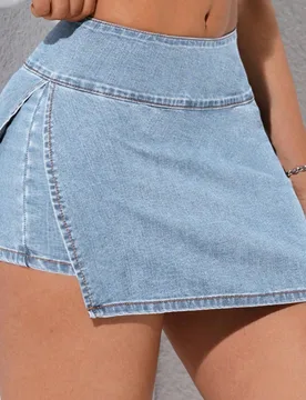Shorts de falda vaquera con lavado y abertura lateral para mujer L - Shein - FashionsVida