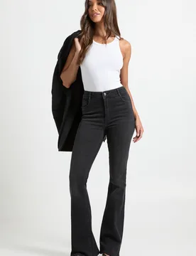 Womens High Waist Booty Lifting Flared Jean - Black Cotton - Size 10 Uk - Boohoo - FashionsVida