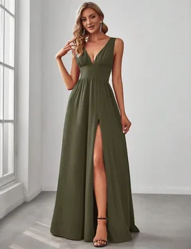 Vestido de unicolor con escote en V y abertura para mujer, para boda, primavera y otoño S - Shein - FashionsVida