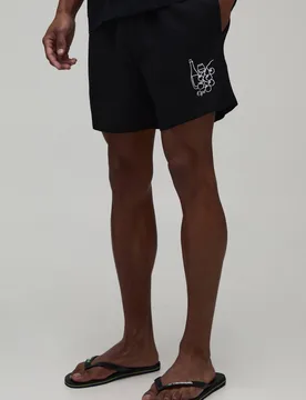 Herren Locker Geschnittene Leinen-Mischgewebe Boxer-Stil Bestickte Shorts Black Größe Large - boohooMAN - FashionsVida