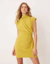 Womens High Neck Sleeveless Mini Dress With Draped In Gold - Size 4 Uk